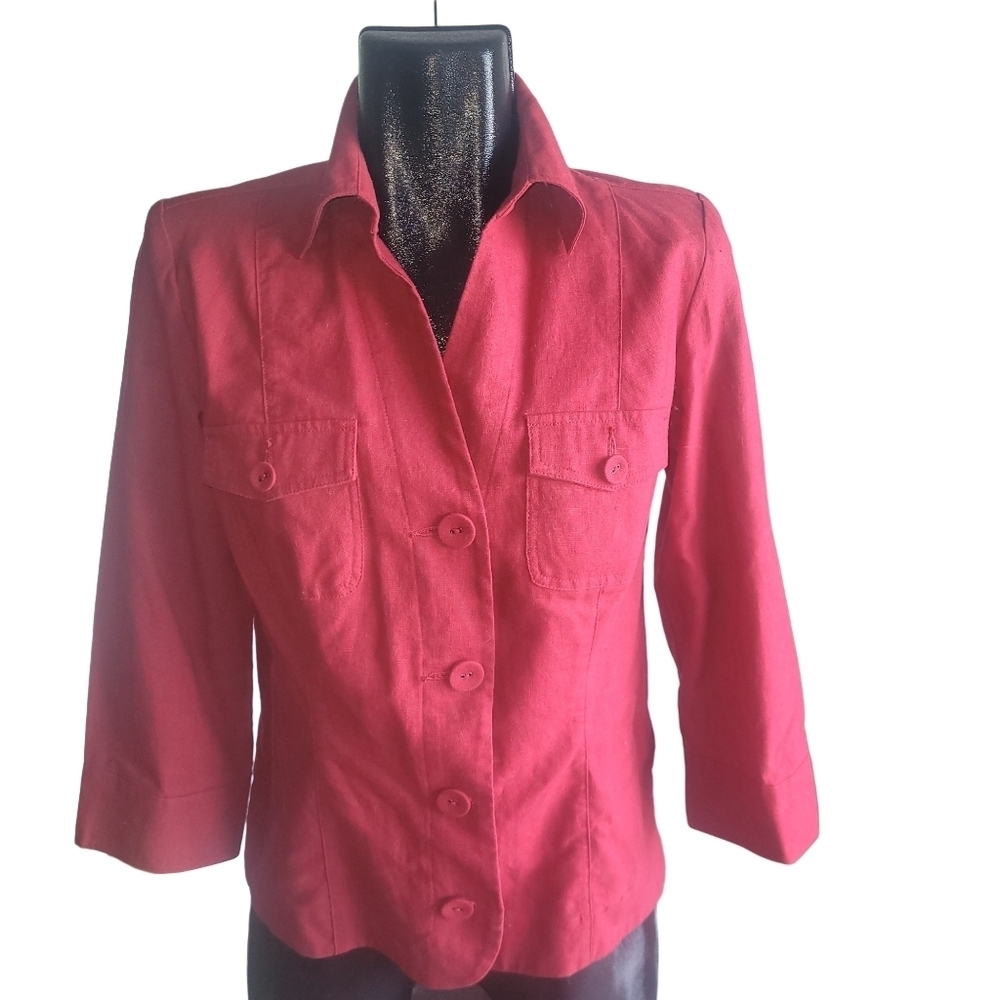 Northern Reflections Red Linen Blend Cropped Sleeve Button Up Shirt Size S